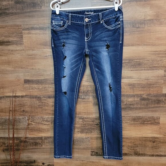 Amethyst Jeans Size 11 Ruby Low Rise Skinny Ripped Dark Embellished Stretch - Picture 1 of 11